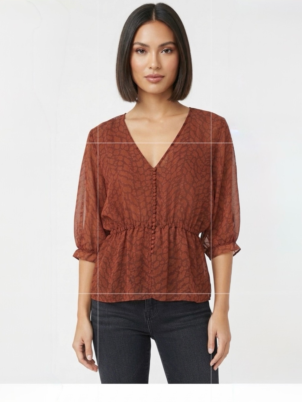 [F21] Sheer Printed Button Down Blouse